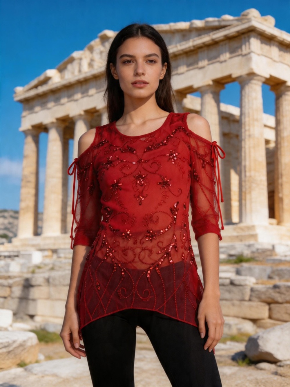 Hand beaded Cold-Shoulder Red Mesh Top with‎ spandex  camisole underneath